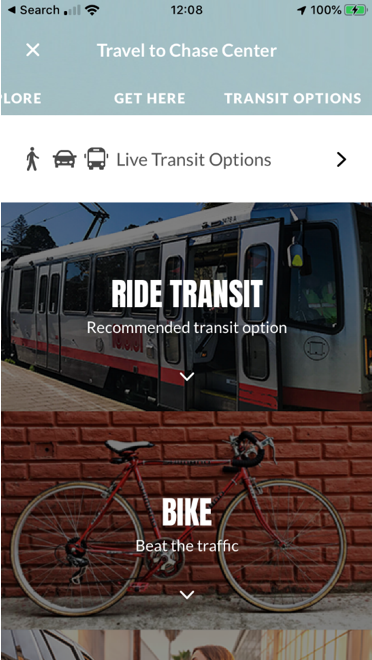 Chase Center mobile app transit options