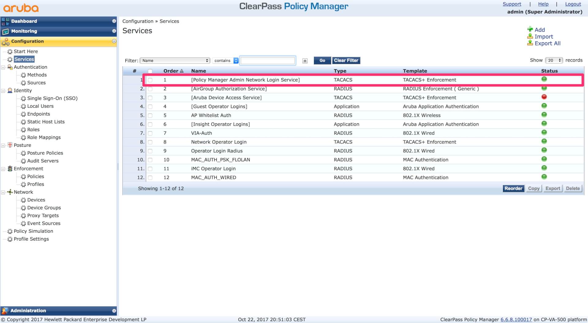 Clearpass Operator Login - Policy Manager Admin Network Login Service