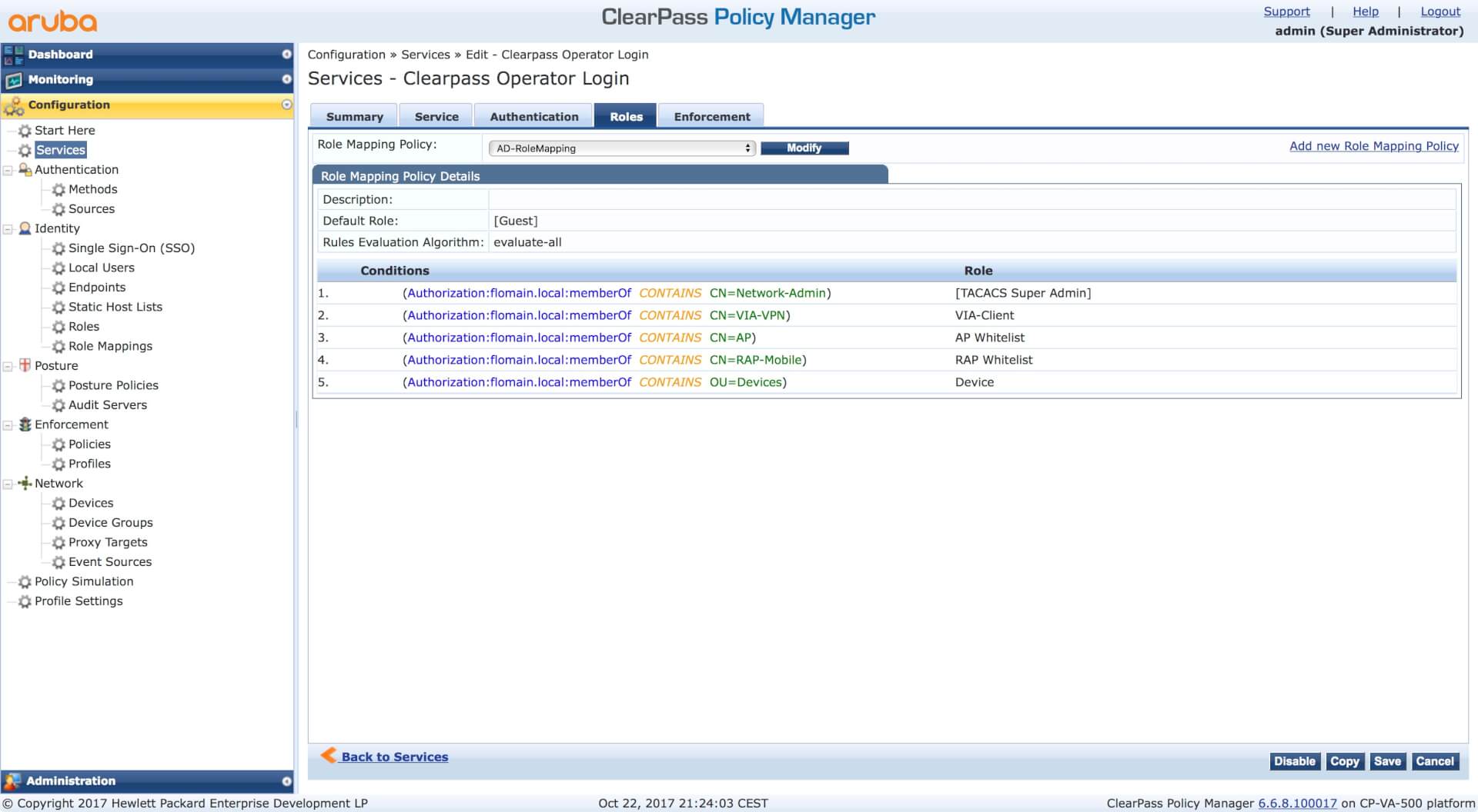 Default service account. CLEARPASS-6.8.0. Role admin Operator. CLEARPASS Policy Manager: 6.9.0 - 6.11.1. Superadmin.