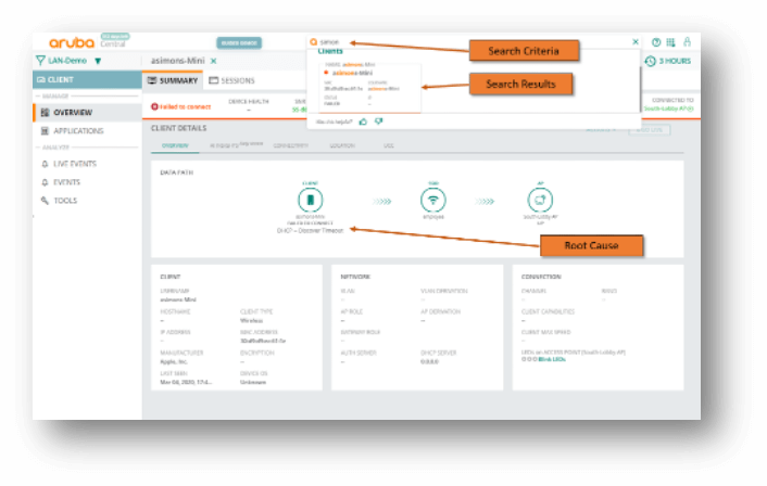 Aruba Central uses Natural Language Processing (NLP) to display all related information