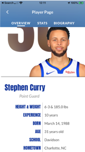 Chase Center mobile app Steph Curry player stats