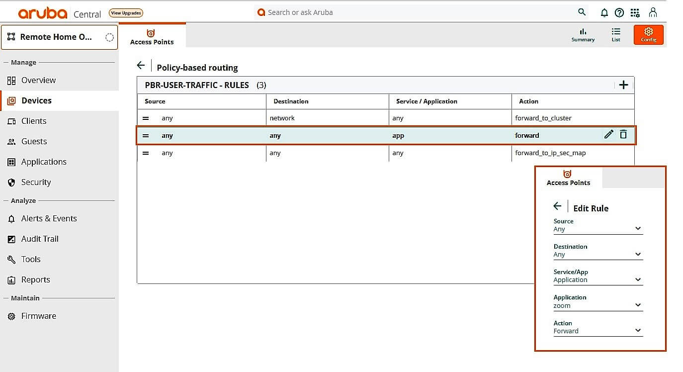 Screen shot of Aruba Central controls that help you configure EdgeConnect Microbranch policy-based routing rules for remove small office and home office locations.